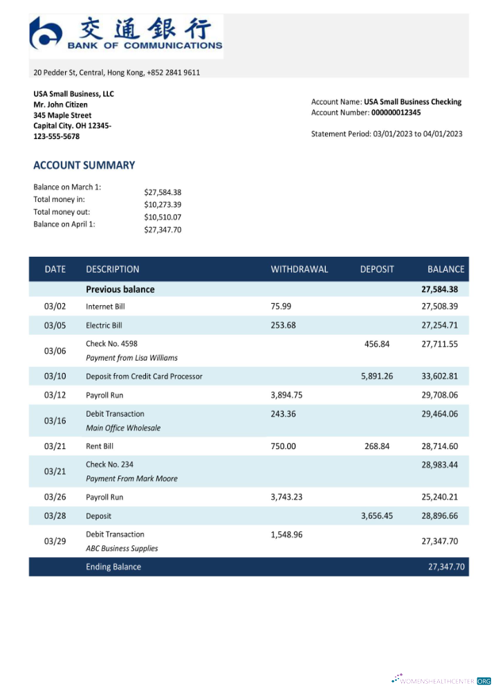 BANK of Communications bank enterprise account statement Word and PDF template